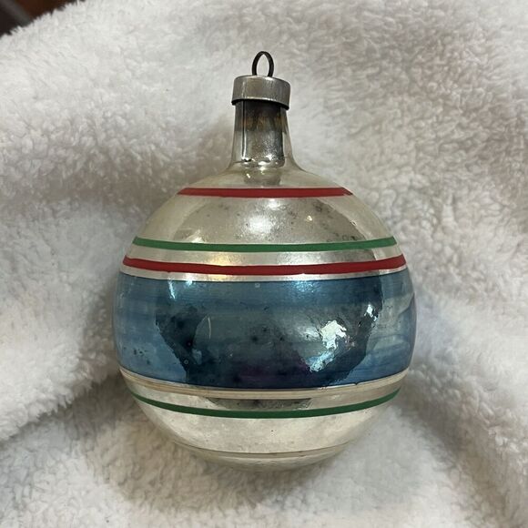 Vintage 1950’s Mercury Glass & Striped Ornament**U.S.A.**3.5”H** - Picture 1 of 9